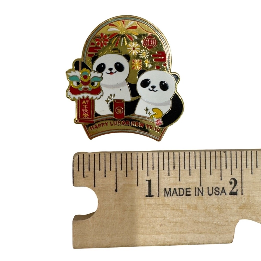 Happy Lunar New Year Panda Enamel Pin Gold Tone Lion Dance Red Envelope Brooch - Picture 3 of 4